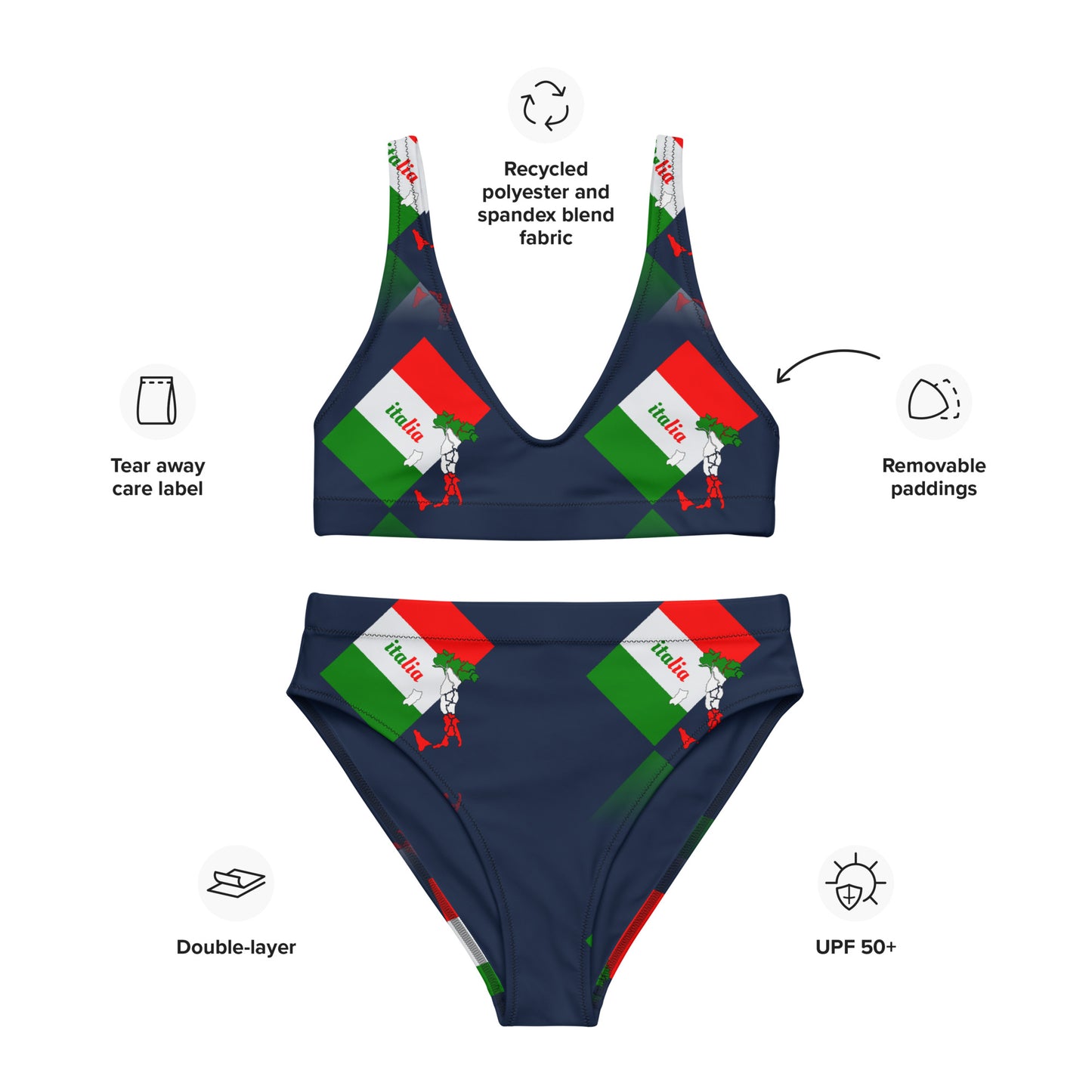 Elegant Italia-Italy Flag And Map Recycled High-Waisted Bikini