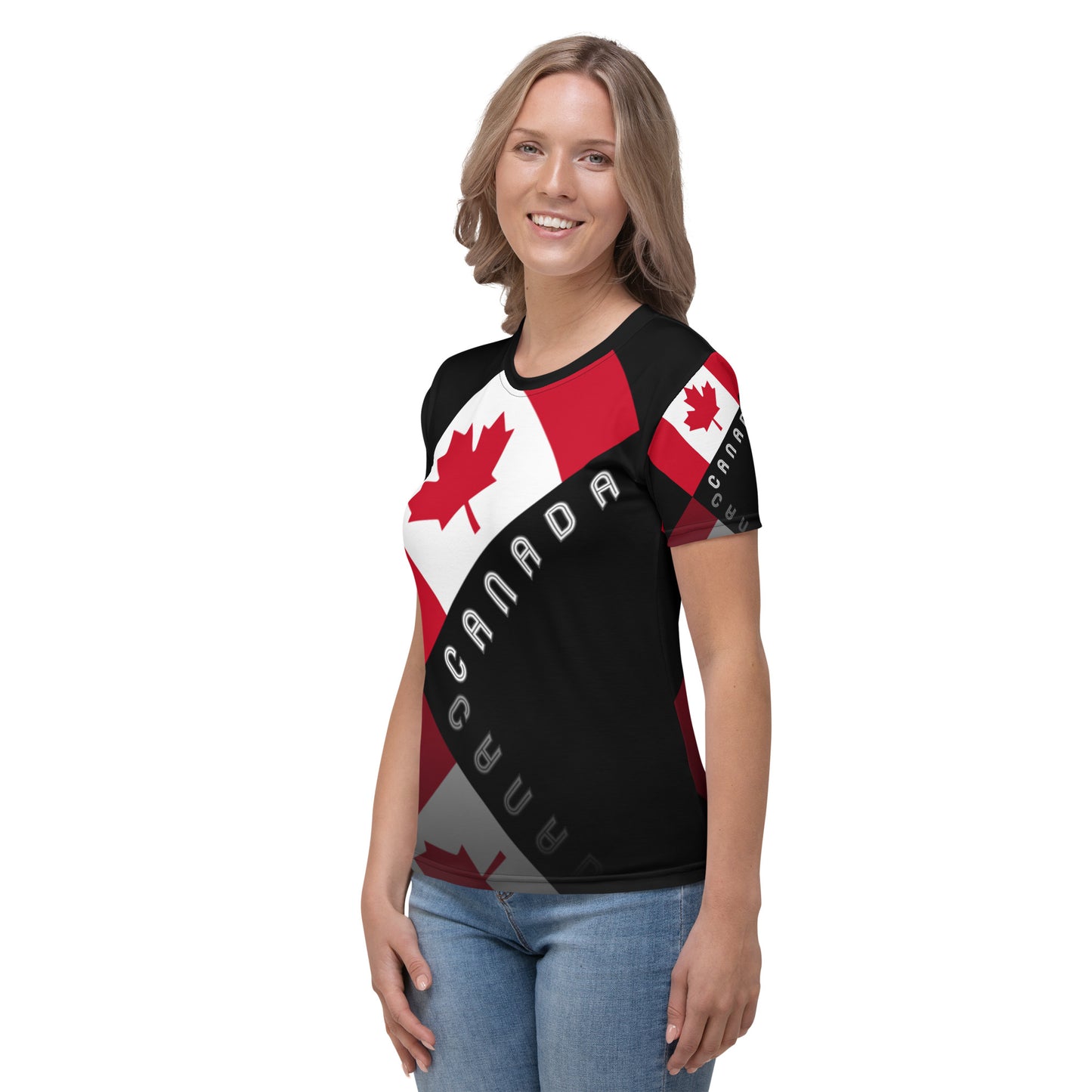 T-shirt noir à col rond élégant Maple Leaf Canada AOP pour femmes