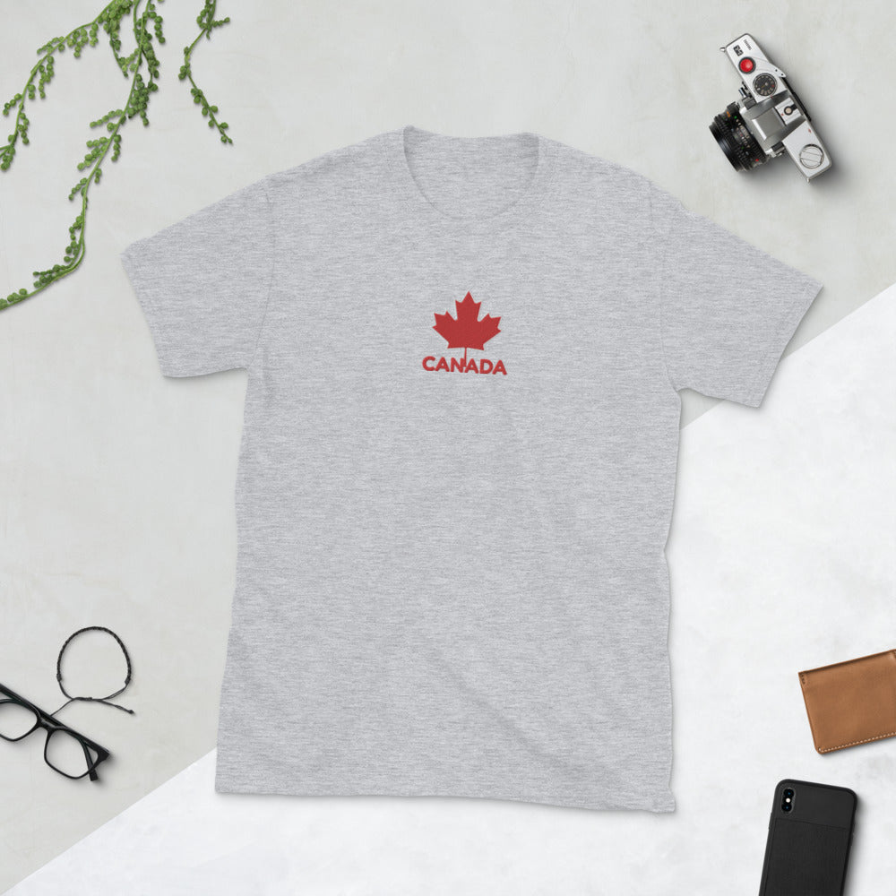 Embroidered CANADA And Maple Leaf On Center Chest, Unisex Soft Cotton, Softstyle Short-Sleeve T-Shirt TeeSpect