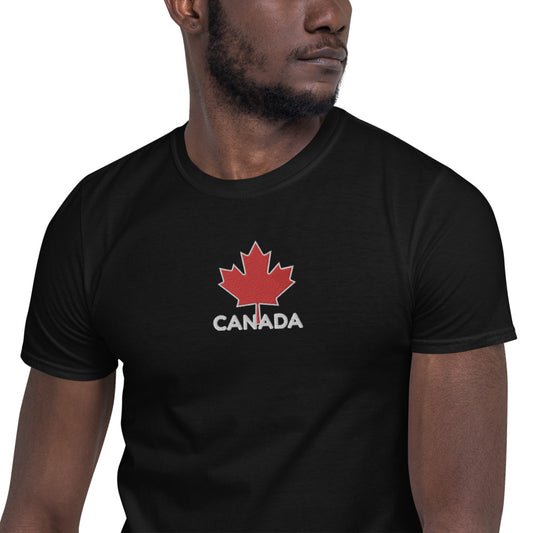 Embroidered CANADA And Maple Leaf On Center Chest, Unisex Soft Cotton, Softstyle Short-Sleeve T-Shirt TeeSpect