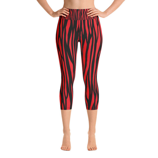 Zebra Print Red Yoga Capri Leggings - With Pockets TeeSpect