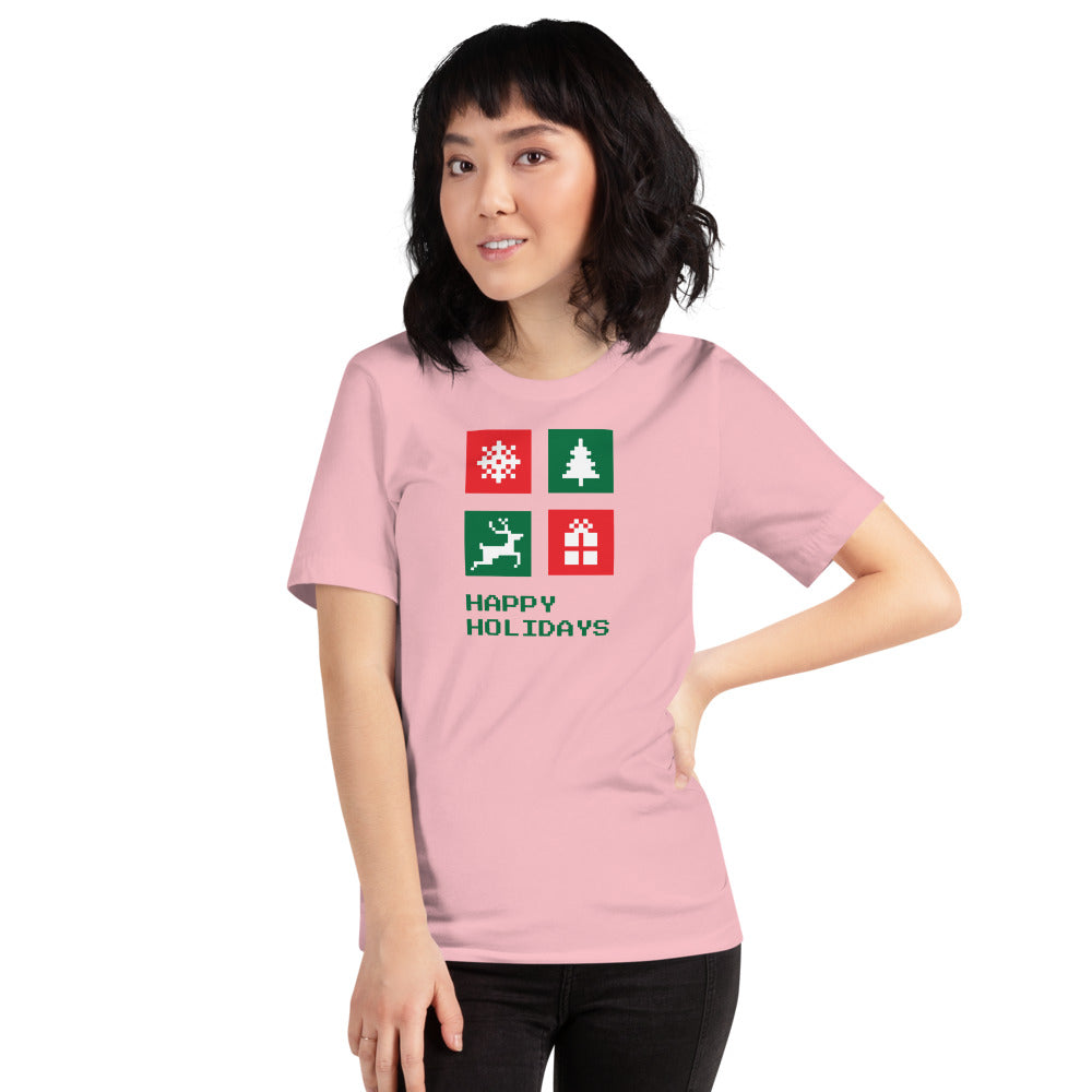 Happy Holiday Icon Box Custom Text Personalized Unisex Staple T-Shirt TeeSpect