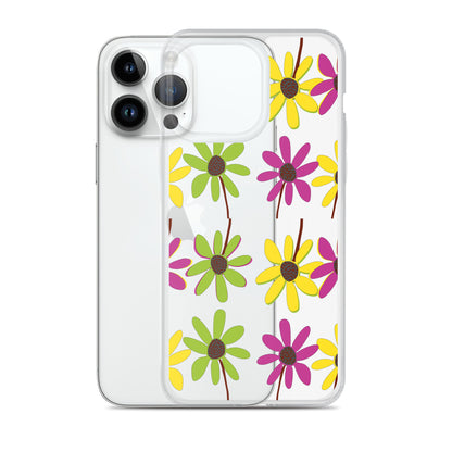 Coque transparente pour iPhone avec pétales de fleurs colorées dessinées à la main