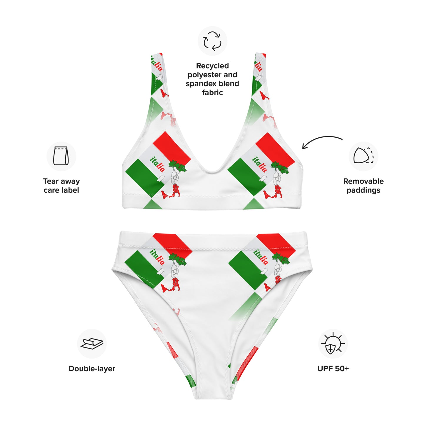 Elegante bikini de talle alto reciclado con mapa y bandera de Italia-Italia