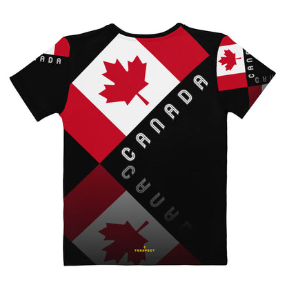 T-shirt noir à col rond élégant Maple Leaf Canada AOP pour femmes