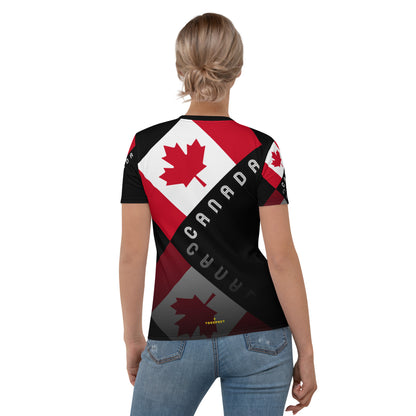 Elegant Maple Leaf Canada AOP - Camiseta negra con cuello redondo para mujer