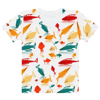 Multi-Color Fish Mania Women's Crew Neck White T-Shirt