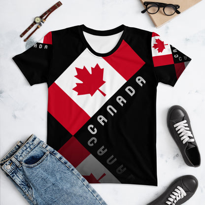 T-shirt noir à col rond élégant Maple Leaf Canada AOP pour femmes