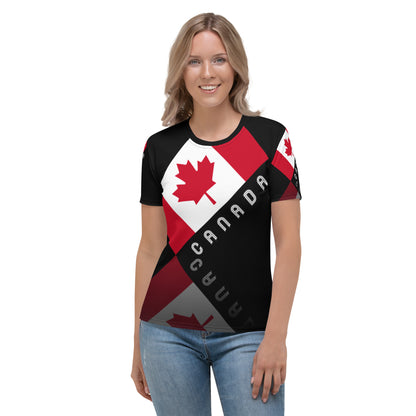 Elegant Maple Leaf Canada AOP - Camiseta negra con cuello redondo para mujer
