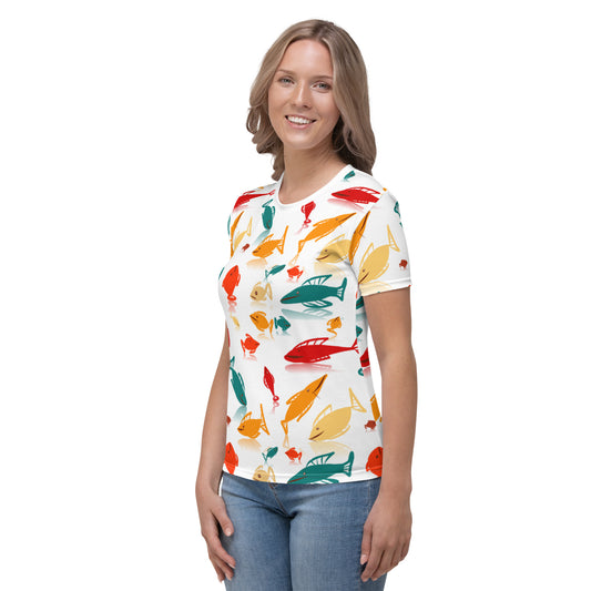 T-shirt blanc à col rond multicolore Fish Mania pour femmes