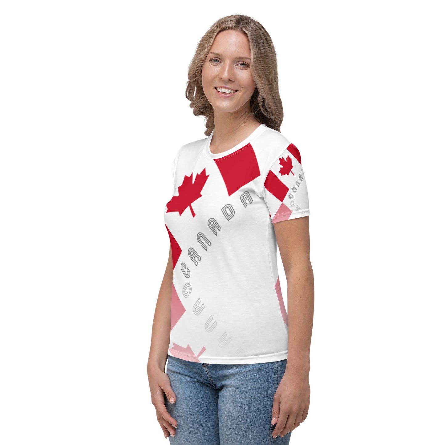 Elegante camiseta de mujer con cuello redondo y estampado de hojas de arce de Canadá