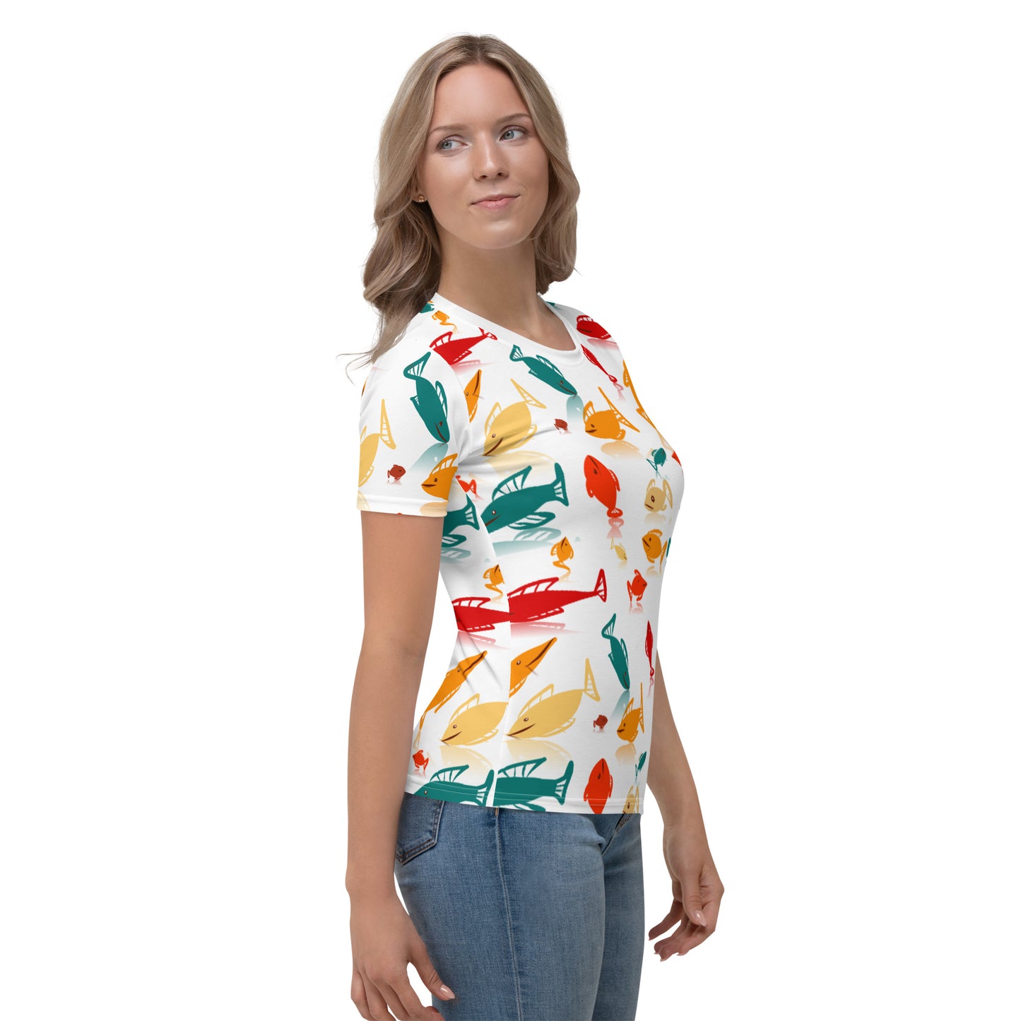 T-shirt blanc à col rond multicolore Fish Mania pour femmes