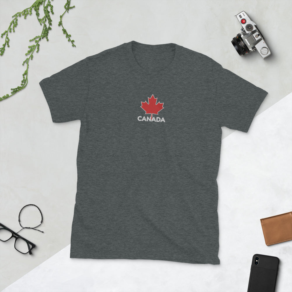 Embroidered CANADA And Maple Leaf On Center Chest, Unisex Soft Cotton, Softstyle Short-Sleeve T-Shirt TeeSpect