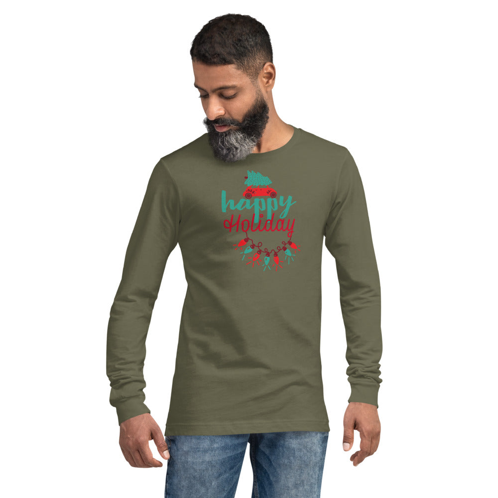 Happy Holiday Lights Truck Custom Text Personalized Unisex Long Sleeve Tee | Bella + Canvas 3501 TeeSpect